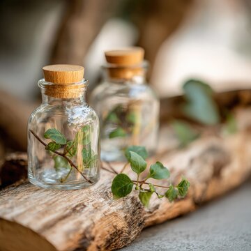 Glass bottles preserving plant cuttings on wooden log