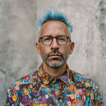 Creative man with blue hair and glasses looking serious