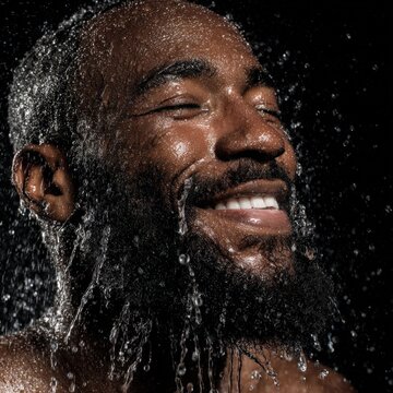 Man enjoying refreshing shower with closed eyes and smile