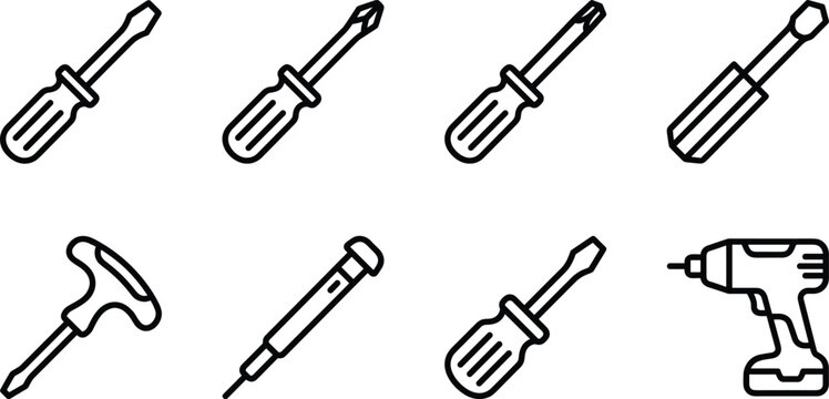 Screwdriver and Power Drill Hardware Icon Set with Flathead Phillips Torx Precision and T-Handle Repair Tools