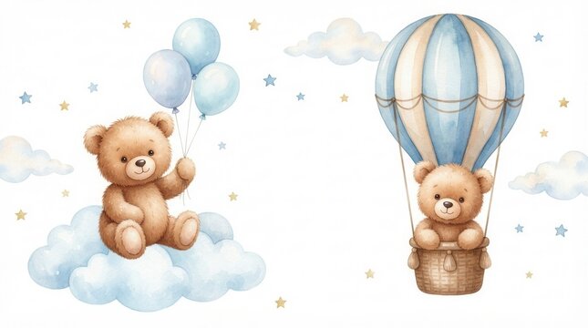 Watercolor illustration for kid birthday celebrations and baby shower invites featuring cute teddy bears flying in a hot air balloon amidst stars and clouds with blue balloons.