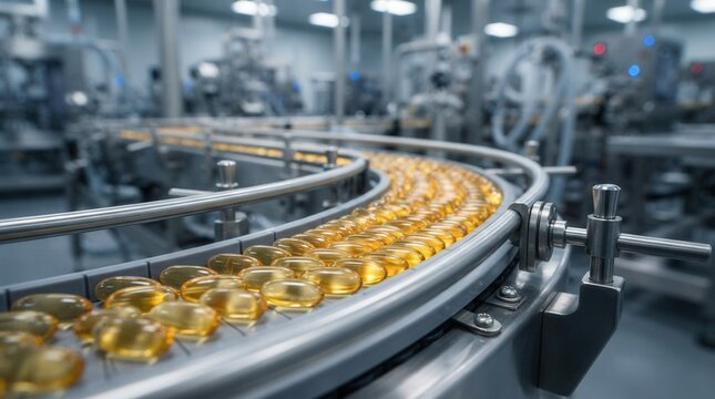 Health supplement manufacturing with medicine capsules traveling through an industrial process.