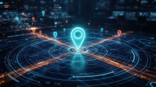 Glowing city routes and pinpoint location marker on a futuristic digital navigation map