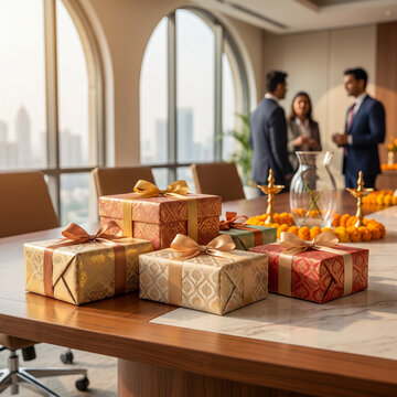 Corporate Diwali celebration with elegant gift boxes on a boardroom table and business colleagues talking in the background of a modern office