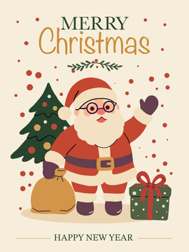 Merry Christmas and Happy New Year Poster with Santa Claus, Christmas Tree and Gifts