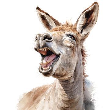Funny Donkey Watercolor Clipart PNG, Laughing Donkey Illustration, Farm Animal Portrait, Printable Digital Download