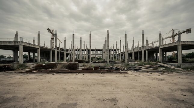 A wide-angle background view of an empty building under construction with concrete columns where work has stopped due to economic conditions representing halted real estate development wide-angle