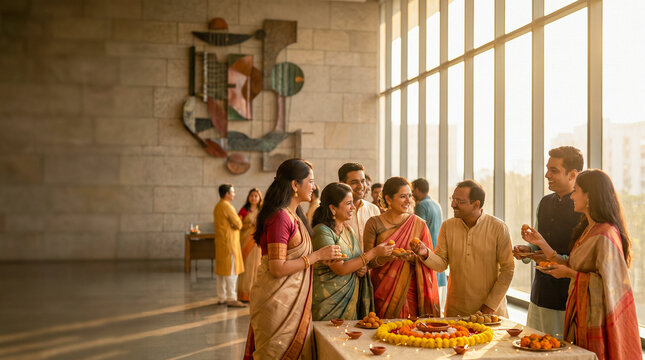 Happy Indian family in traditional attire celebrating a festival with sweets and marigold decorations in a modern sunlit hall