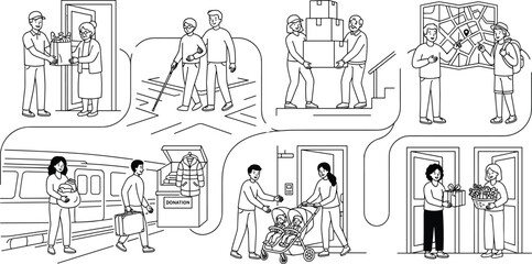 Obraz premium Community assistance and neighbor support line art collection featuring volunteering delivery moving guidance and everyday helping scenes