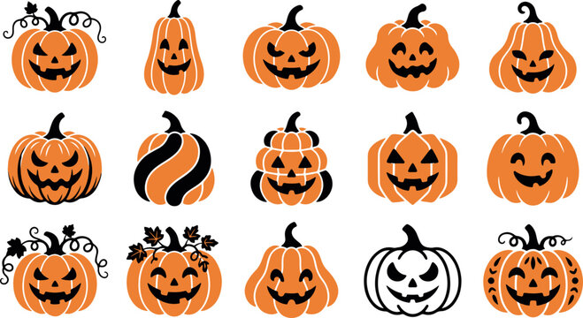 Set of various hand drawn jack o lantern pumpkins with scary and funny faces for halloween design