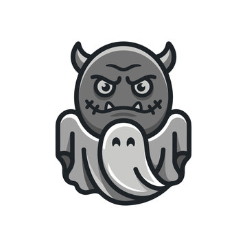 Grumpy grey monster holding a tiny ghost.