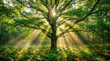 Obraz premium Majestic ancient oak tree in a sunlit forest with light rays