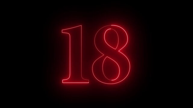Neon 18 Number text animation.18 number mathematics text on black background. Bright glowing number 18 countdown icon. Digital neon glowing text number 18 a on black background animation
