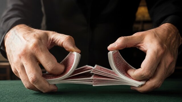 Masterfully Manipulating Playing Cards deck shuffling on a Green Tablecloth Surface with focus on card trick croupier mans hands.