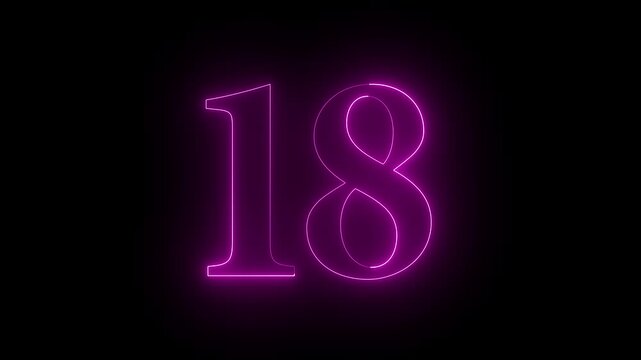 Neon 18 Number text animation.18 number mathematics text on black background. Bright glowing number 18 countdown icon. Digital neon glowing text number 18 a on black background animation