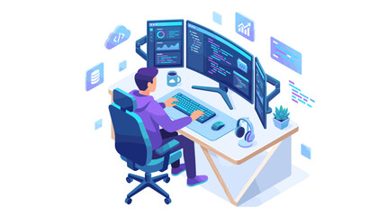 Fototapeta premium Isometric Software Developer Working on Computer