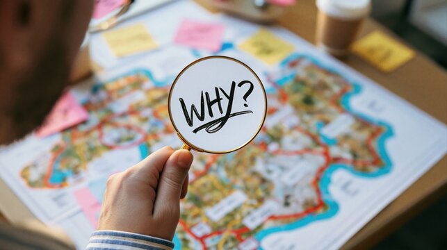 Person examining why question on map