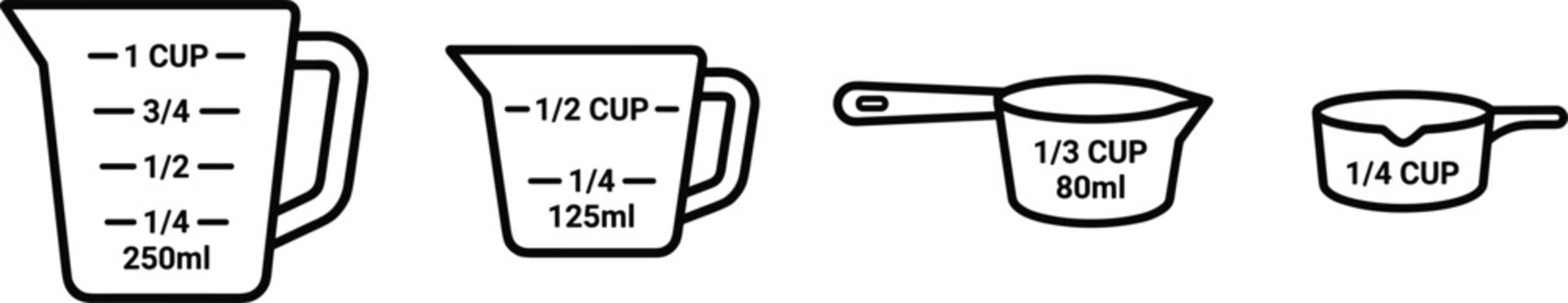Kitchen Measuring Cups and Jugs Vector Icon Set with Standard Culinary Volume Graduations and Liquid Measurements