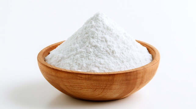 A wooden bowl filled with a mound of white baking soda or powder isolated on white background