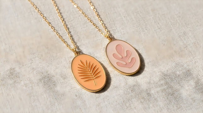 Two brown pendant necklaces with cannabis leaf design on chain