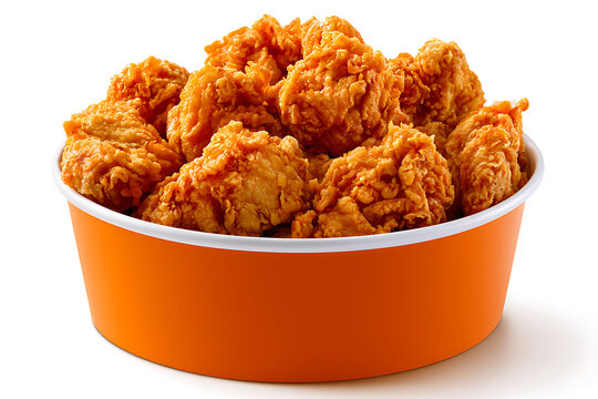 A bucket filled with crispy golden fried chicken popcorn bites isolated on white background