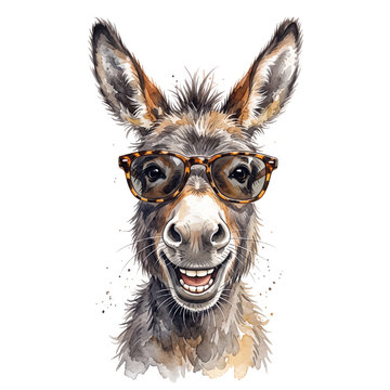Funny Donkey With Sunglasses Watercolour Clipart PNG, Laughing Donkey Illustration, Farm Animal Portrait, Printable Digital Download