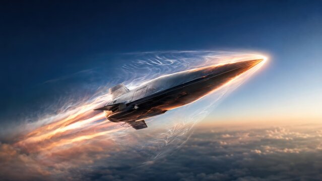 A futuristic hypersonic missile rocket jet soaring through a sunset sky leaving an energetic trail of light with focus on flight.