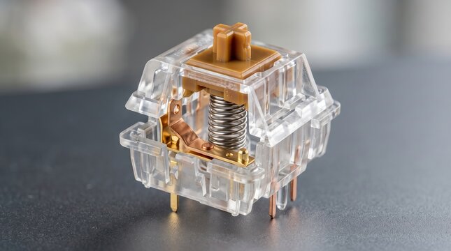 Close-up of a Transparent Mechanical Keyboard Switch with Brown Stem and Metal Spring on Dark Background