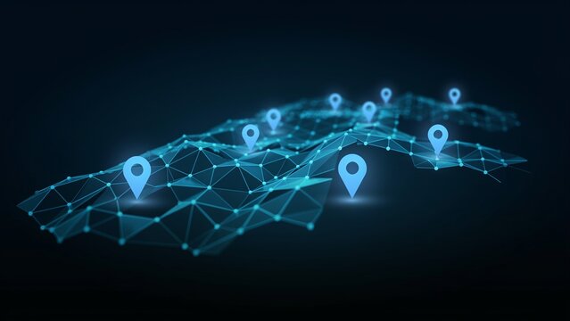 Glowing blue network mesh with floating location pins on dark background