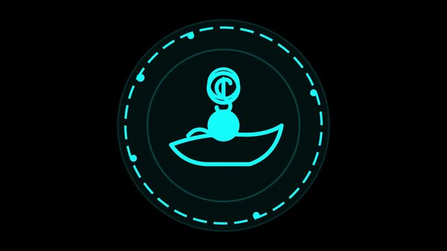 Abstract Glowing Cyan Neon Interface Element Featuring A Stylized Floating Nautical Vessel Circular Data Visualization Digital Motion Graphic