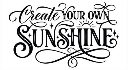 Sunshine lettering with flourishes and sunburst black and white vector illustration sun rays typography calligraphy © Exclusive Vectors