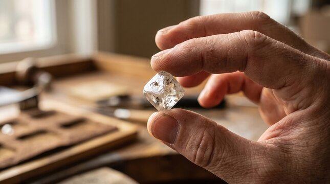 Close-up inspection of a rough diamond by an experienced gemologist with focus on gemstone stone handheld view evaluation process.