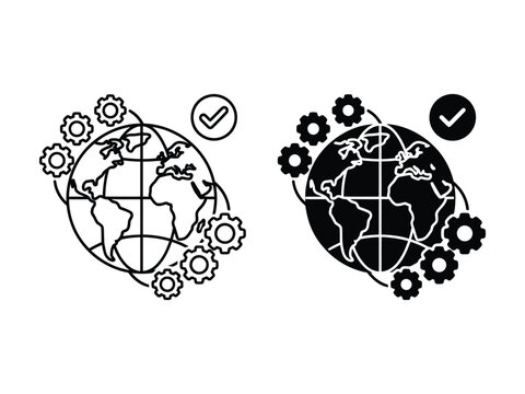 Global Business Management and Workflow Automation Globe with Gears Vector Icon Set in Outline and Filled Styles