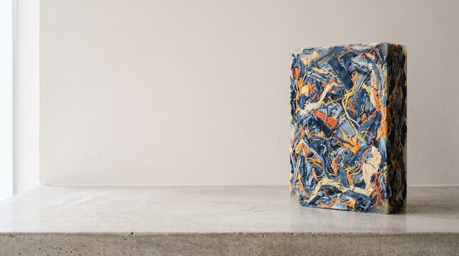 Beautiful smooth block of compressed recycled colorful denim textile fibers and bio resin on clean concrete countertop surface with flat clean neutral beige wall backdrop layout negative text space