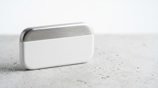 Sleek minimalist hardware crypto wallet made of matte white ceramic and brushed silver steel resting on clean concrete surface with pristine bright background diffused studio lighting layout