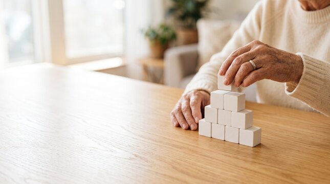 Bright lifestyle view of senior hands in cream soft sweater gently arranging small blank white wooden blocks into perfect pyramid on clean oak wood tabletop surface daylight reflections layout