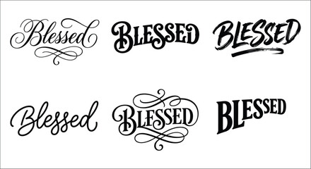 Blessed word variations in black calligraphy showcasing diverse typographic styles on a white background alphabet © Exclusive Vectors