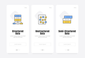 Fototapeta na wymiar Data organization paradigms onboarding screens. Enterprise information architecture. Backend infrastructure. UX UI walkthrough 3 steps. Flat design with icons. Modern mobile app introduction flow