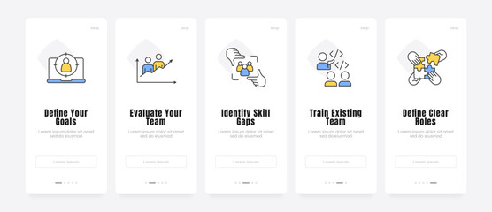 Naklejka na ściany i meble Strategic talent management framework onboarding screens. Workforce development strategy. Agile team scaling. UX UI walkthrough 5 steps. Flat design with icons. Modern mobile app introduction flow
