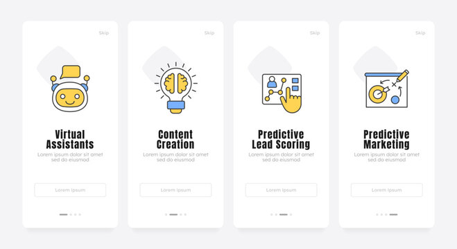 Scalable machine learning utilities onboarding screens. Automated workflow solutions. Cloud platform. UX UI walkthrough 4 steps. Flat design with icons. Modern mobile app introduction flow