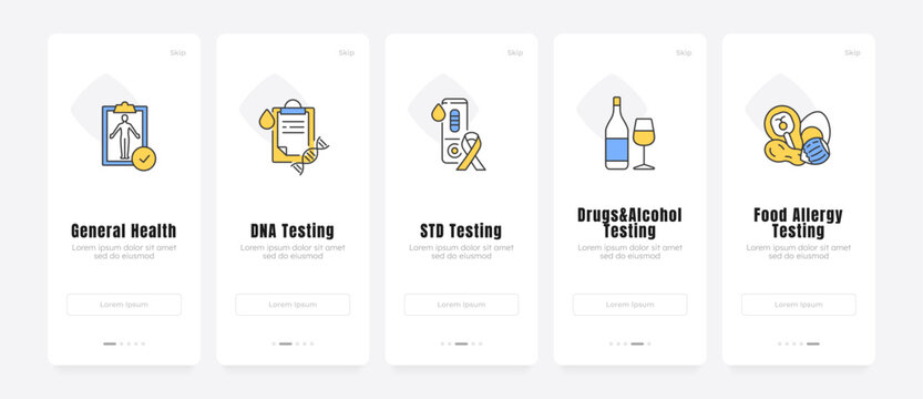 Digital healthcare onboarding screens. Modern wellness tracking. Medical diagnostic and lab testing. UX UI walkthrough 5 steps. Flat design with icons. Modern mobile app introduction flow