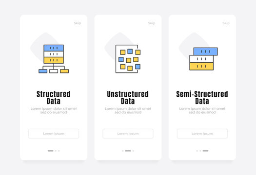 Data organization paradigms onboarding screens. Enterprise information architecture. Backend infrastructure. UX UI walkthrough 3 steps. Flat design with icons. Modern mobile app introduction flow