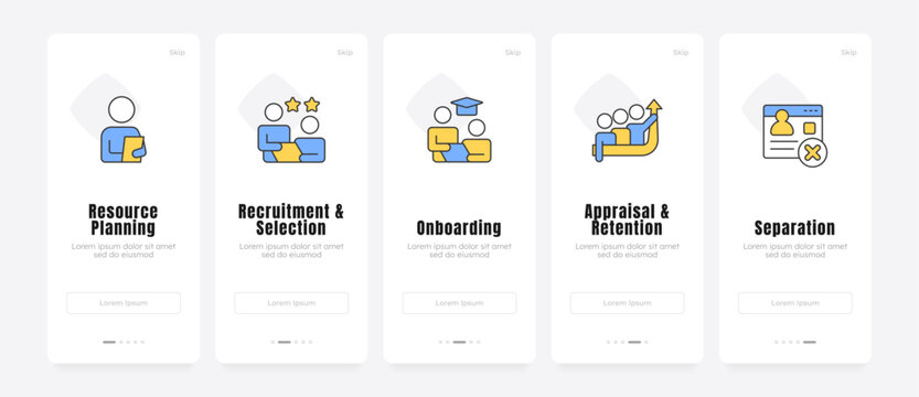 Human capital lifecycle management onboarding screens. Modern workforce optimization strategies. UX UI walkthrough 5 steps. Flat design with icons. Modern mobile app introduction flow