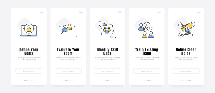 Strategic talent management framework onboarding screens. Workforce development strategy. Agile team scaling. UX UI walkthrough 5 steps. Flat design with icons. Modern mobile app introduction flow