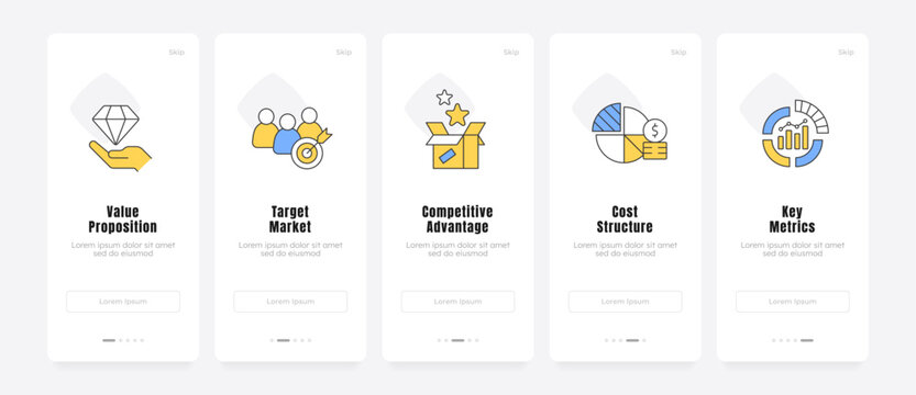 Core corporate growth pillars onboarding screens. Venture strategy overview. Agile organizational metrics. UX UI walkthrough 5 steps. Flat design with icons. Modern mobile app introduction flow
