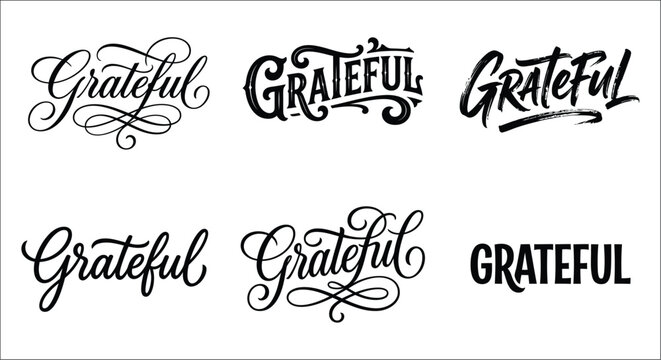 Grateful lettering variations in black vector illustration on a white background appreciation thankful blessed contentment