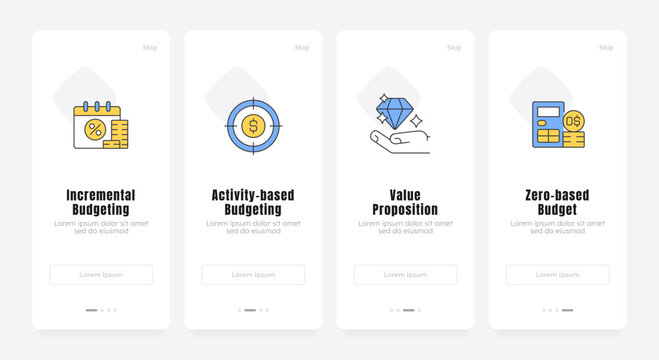 Strategic corporate financial planning onboarding screens. Capital allocation and budget modeling. UX UI walkthrough 4 steps. Flat design with icons. Modern mobile app introduction flow