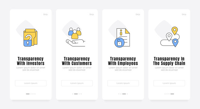 Ethical corporate governance initiatives onboarding screens. Modern brand accountability metrics. UX UI walkthrough 4 steps. Flat design with icons. Modern mobile app introduction flow