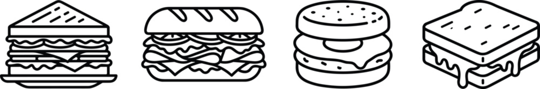 Flat Line Sandwich Icon Set featuring Club Sandwich Submarine Baguette Hamburger and Melted Grilled Cheese Toast
