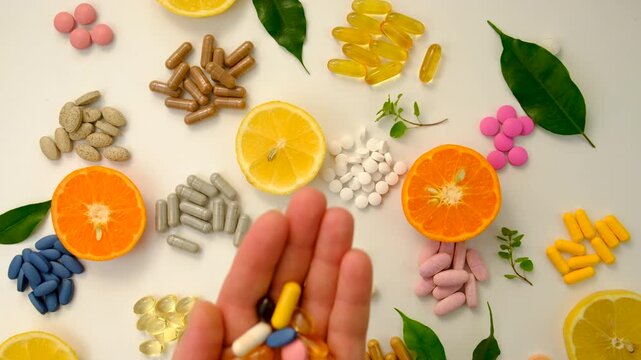 Various tablets and capsules, supplements and vitamins. Selective focus.